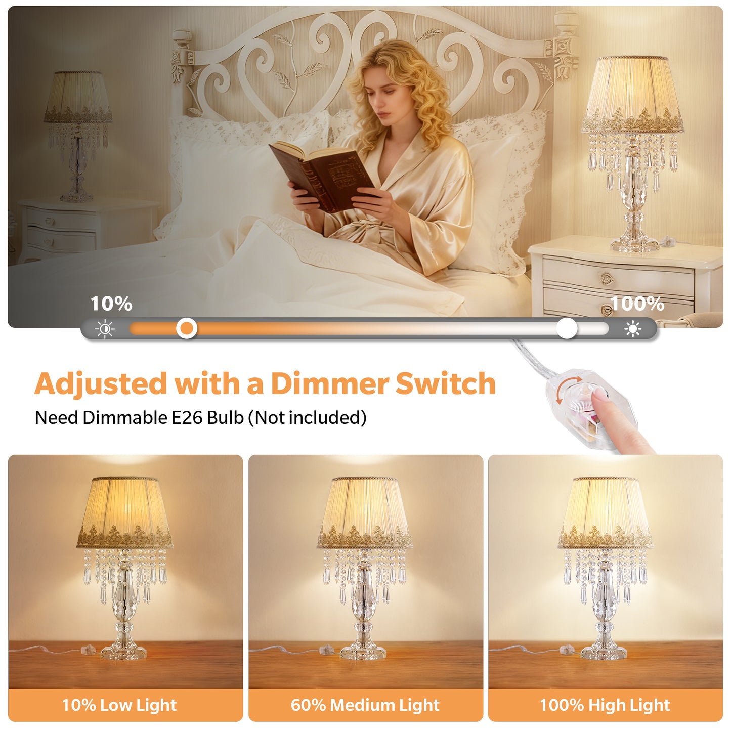 Table Lamp Set of 2, Bedside Lamps with Beige Chiffon Fabric Lampshade, Dimmable Plug-in Nightstand Reading Lamps with Raindrop Crystals for Bedroom, Living Room
