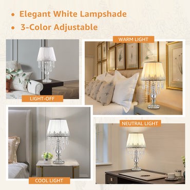 Crystal Table Lamp Set of 2, Dimmable Bedside Lamp with Fabric Shades, Farmhouse Nightstand Lamps with K9 Crystal Strands for Living Room Bedroom