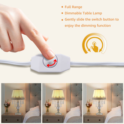 Crystal Table Lamp Set of 2, Dimmable Bedside Lamp with Fabric Shades, Farmhouse Nightstand Lamps with K9 Crystal Strands for Living Room Bedroom