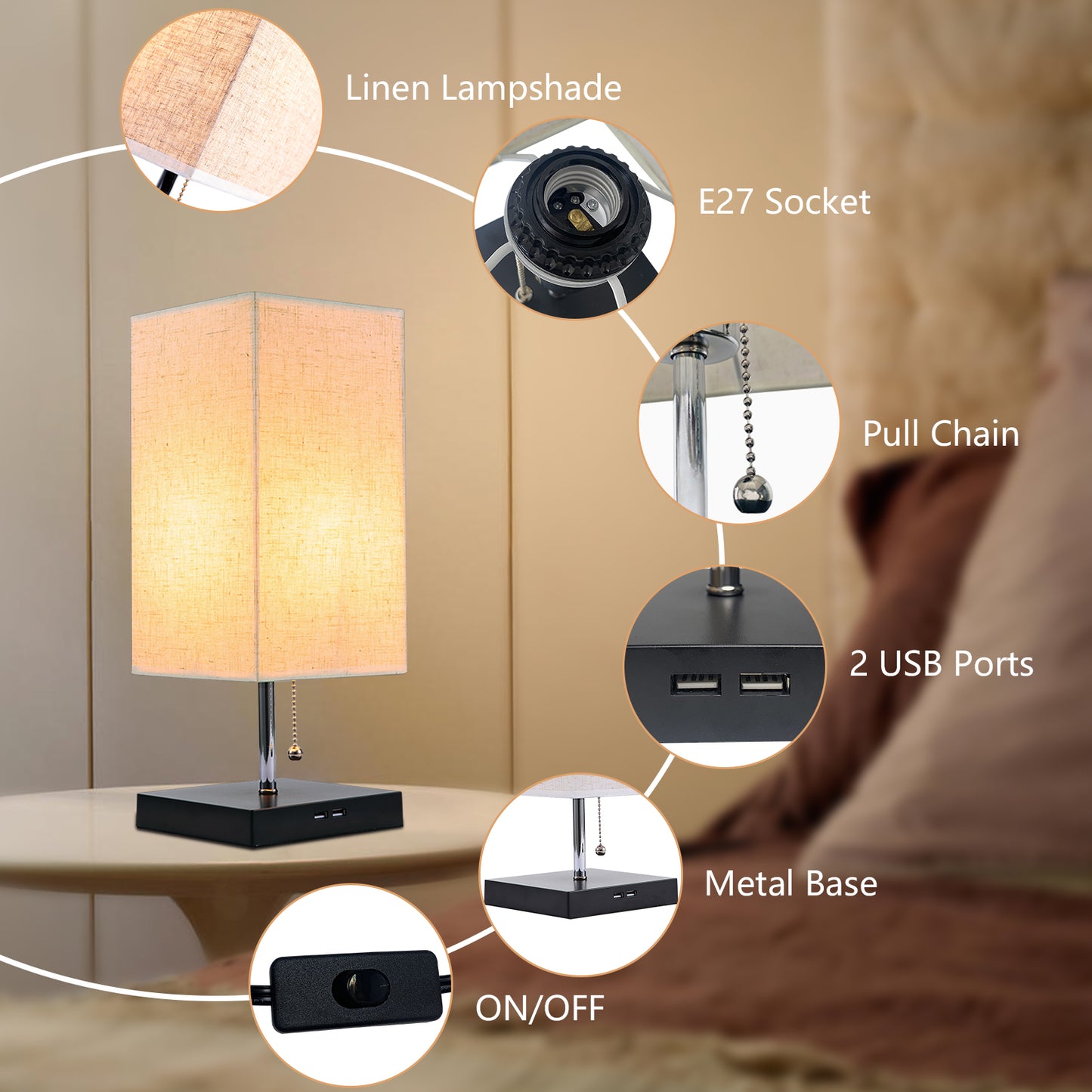 Modern Bedside Table Lamp with Black Iron Base and Fabric Shade, Suitable for Living Rooms, Bedrooms, Dorm Rooms, and Offices