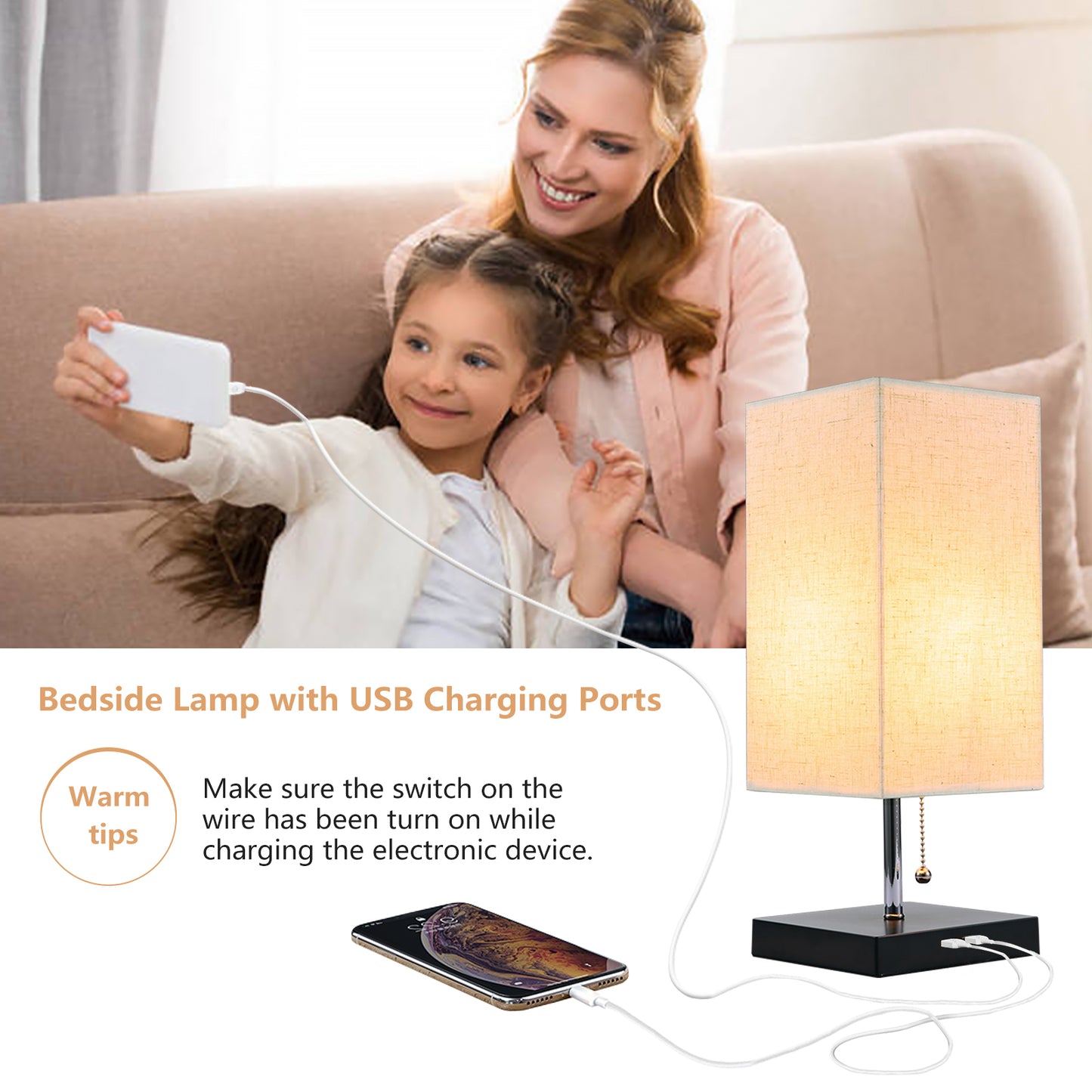 Modern Bedside Table Lamp with Black Iron Base and Fabric Shade, Suitable for Living Rooms, Bedrooms, Dorm Rooms, and Offices