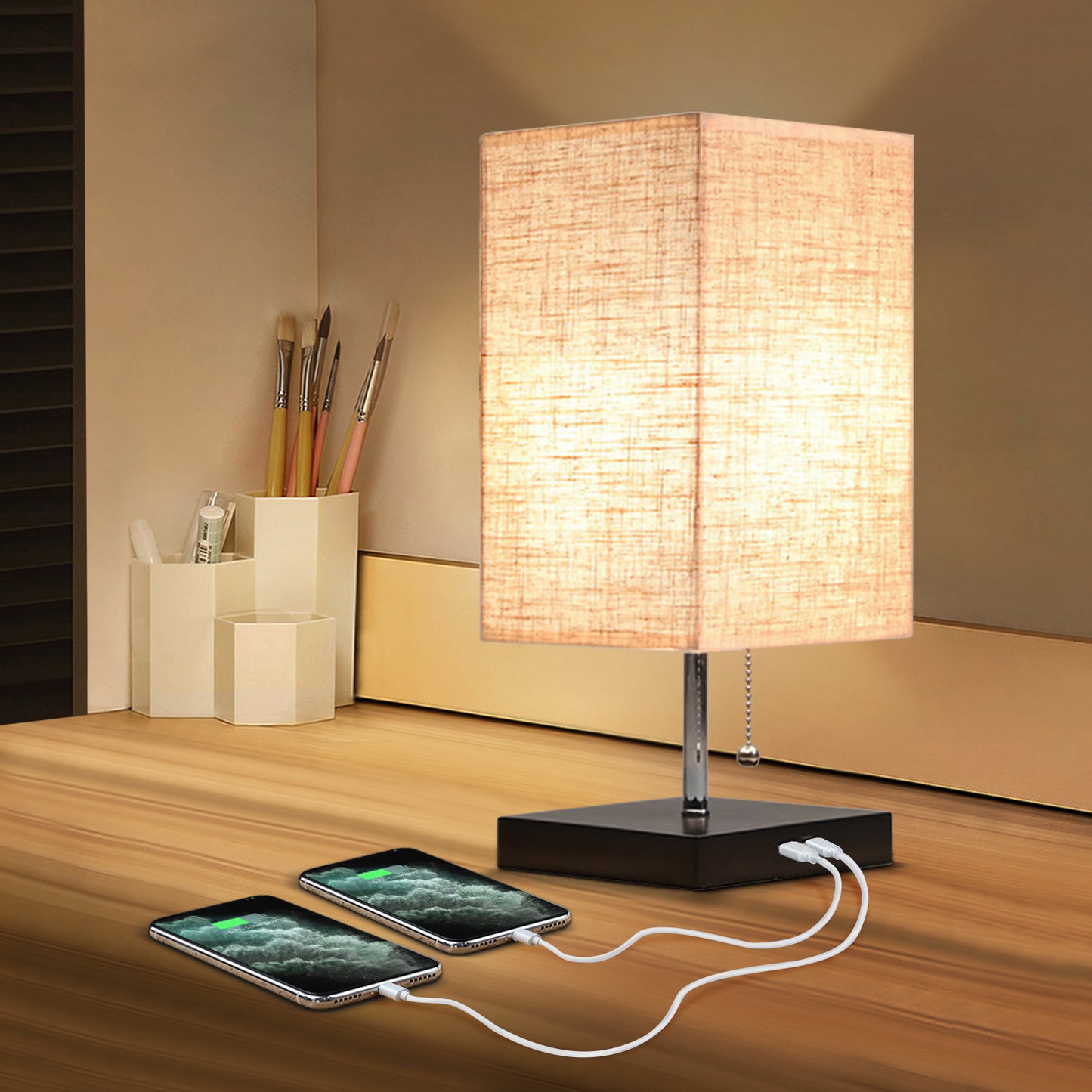 Modern Bedside Table Lamp with 2 USB Charging Ports, Nightstand Lamp with Pull Chain Switch, Table Desk Lamp with Black Wooden Base & Flaxen Fabric Lampshade for Living Room Bedroom Dorm Office