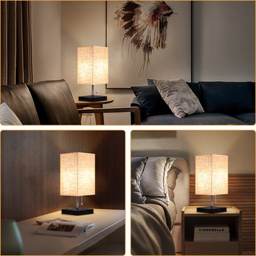 Modern Bedside Table Lamp with 2 USB Charging Ports, Nightstand Lamp with Pull Chain Switch, Table Desk Lamp with Black Wooden Base & Flaxen Fabric Lampshade for Living Room Bedroom Dorm Office