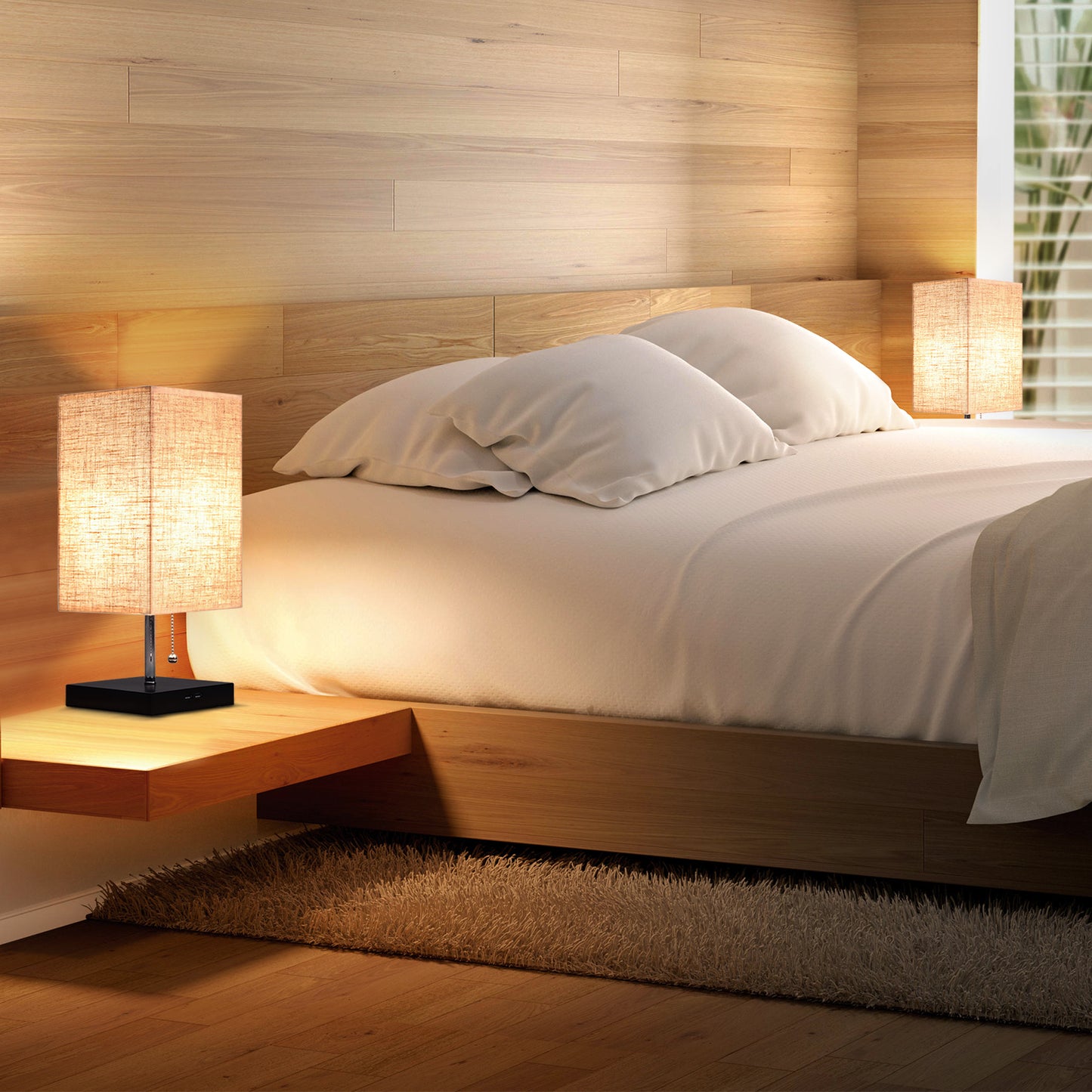Modern Bedside Table Lamp with 2 USB Charging Ports, Nightstand Lamp with Pull Chain Switch, Table Desk Lamp with Black Wooden Base & Flaxen Fabric Lampshade for Living Room Bedroom Dorm Office