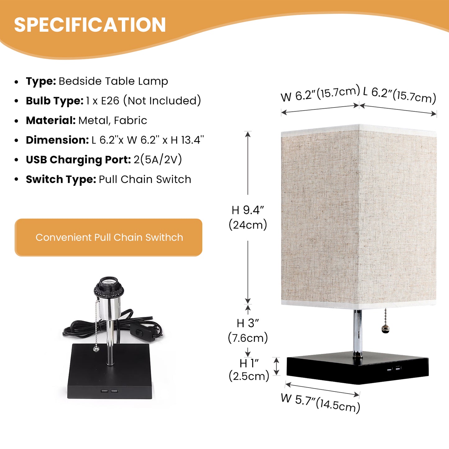 Modern Bedside Table Lamp with 2 USB Charging Ports, Nightstand Lamp with Pull Chain Switch, Table Desk Lamp with Black Wooden Base & Flaxen Fabric Lampshade for Living Room Bedroom Dorm Office
