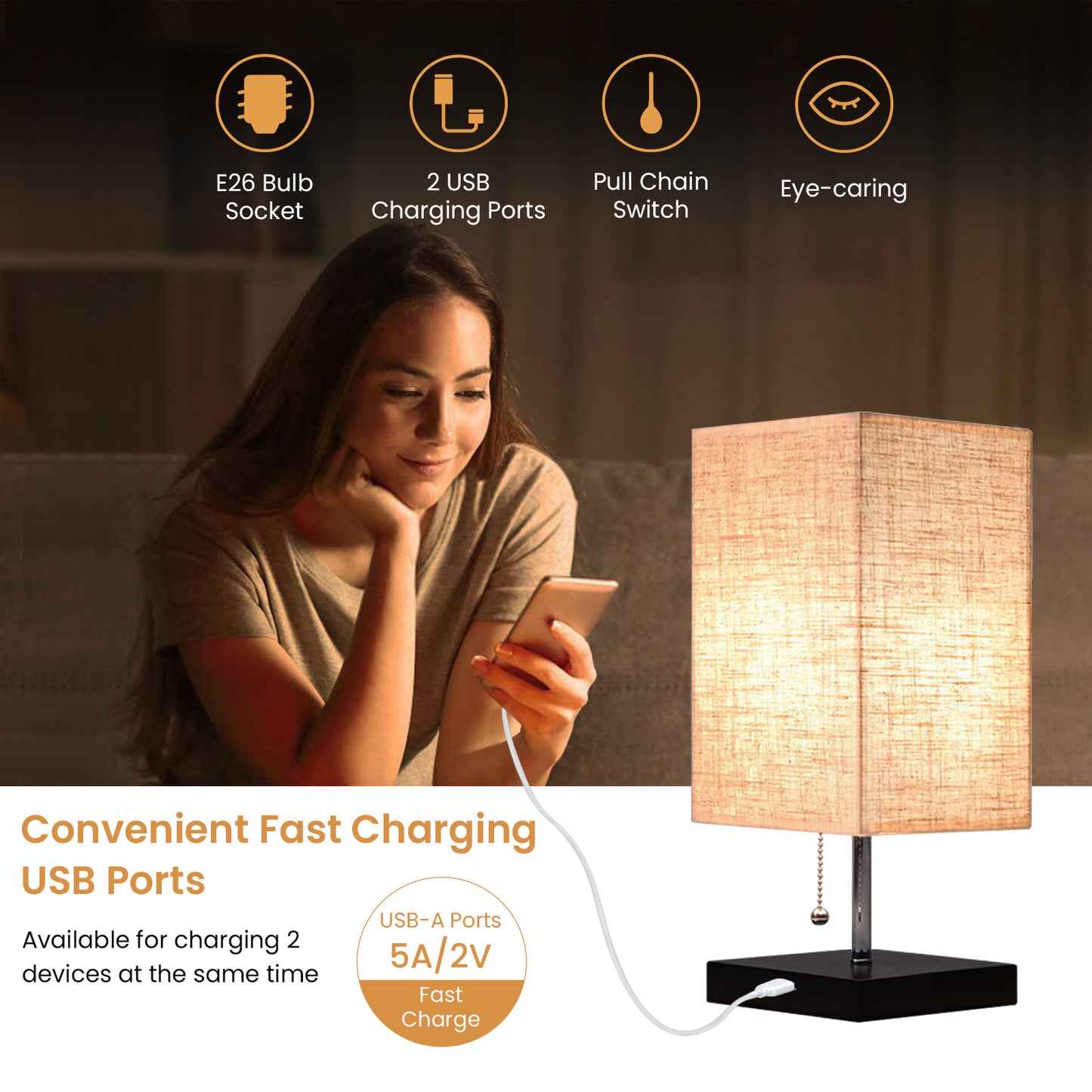 Modern Bedside Table Lamp with 2 USB Charging Ports, Nightstand Lamp with Pull Chain Switch, Table Desk Lamp with Black Wooden Base & Flaxen Fabric Lampshade for Living Room Bedroom Dorm Office