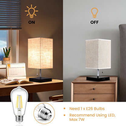 Modern Bedside Table Lamp with 2 USB Charging Ports, Nightstand Lamp with Pull Chain Switch, Table Desk Lamp with Black Wooden Base & Flaxen Fabric Lampshade for Living Room Bedroom Dorm Office