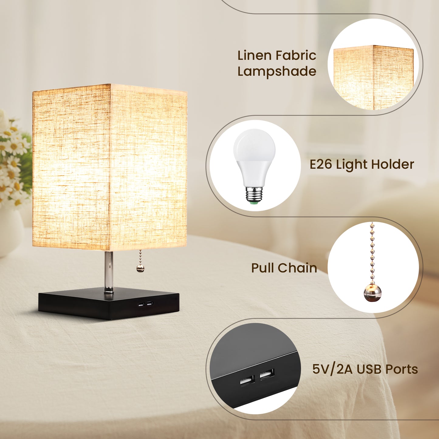 Modern Bedside Table Lamp with Black Base and Fabric Shade, Suitable for Living Rooms, Bedrooms, Dorm Rooms, and Offices