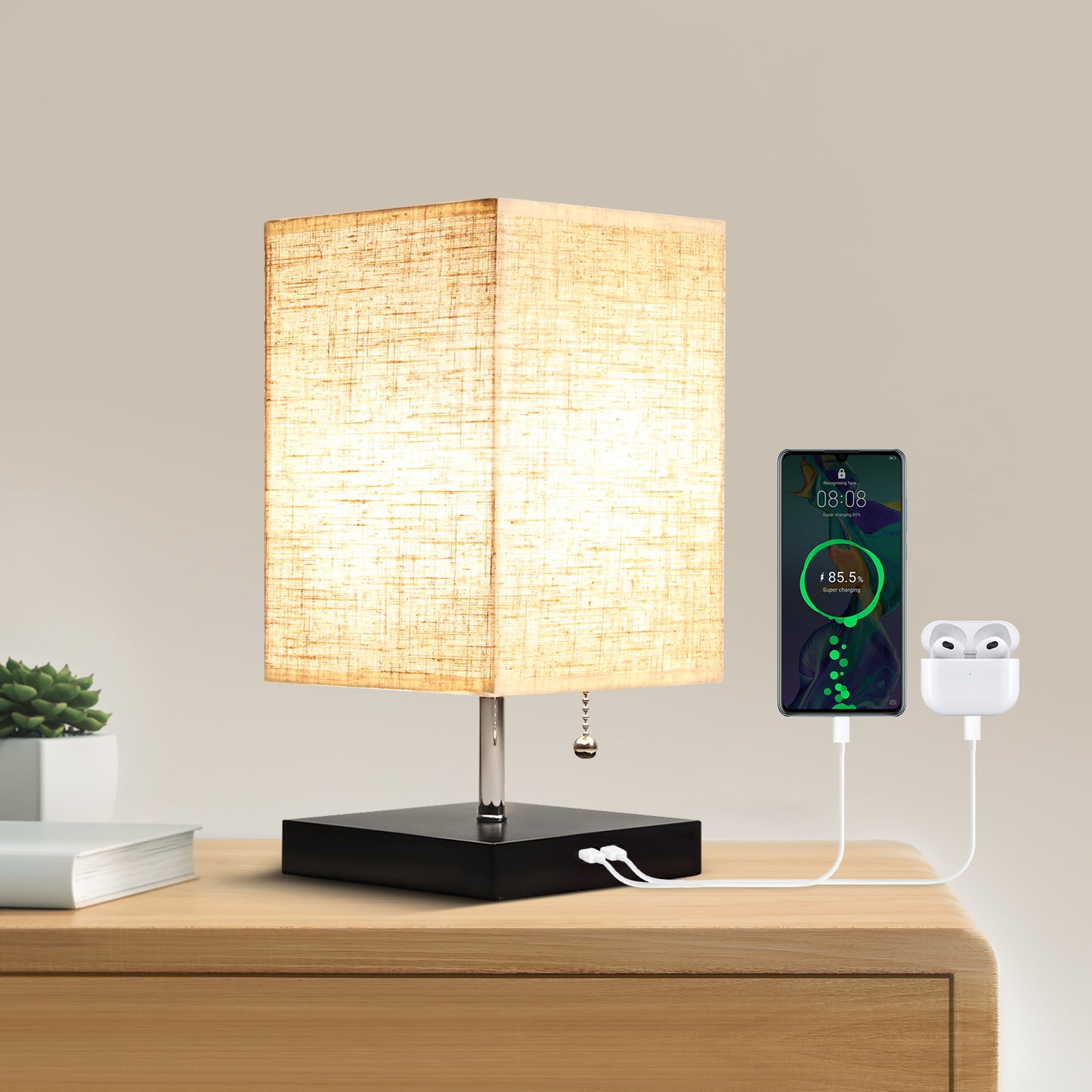 Modern Bedside Table Lamp with Black Base and Fabric Shade, Suitable for Living Rooms, Bedrooms, Dorm Rooms, and Offices