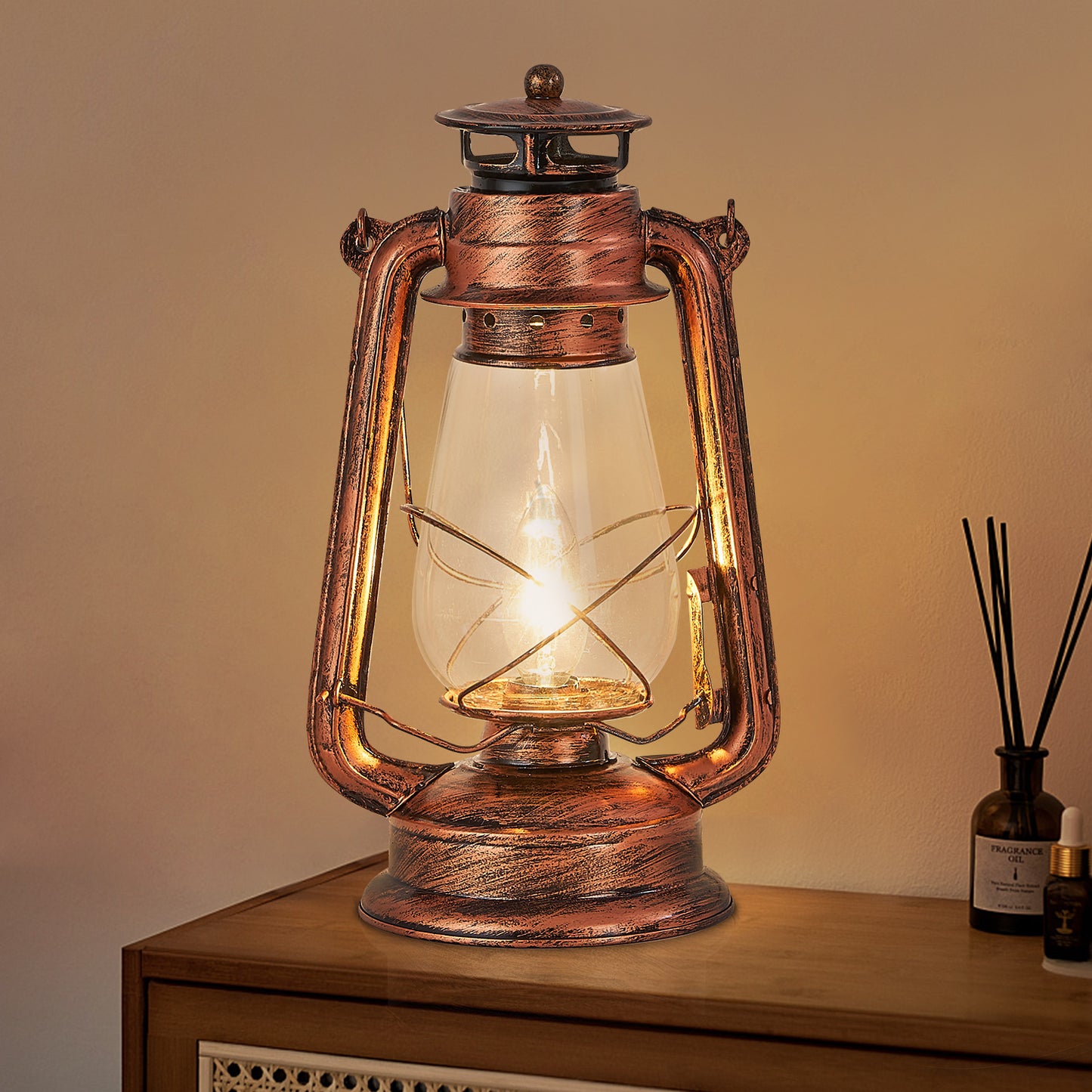 Rustic Lantern Table Lamp Plug-in Old Fashioned Night Light Perfect for Bedroom Living Room