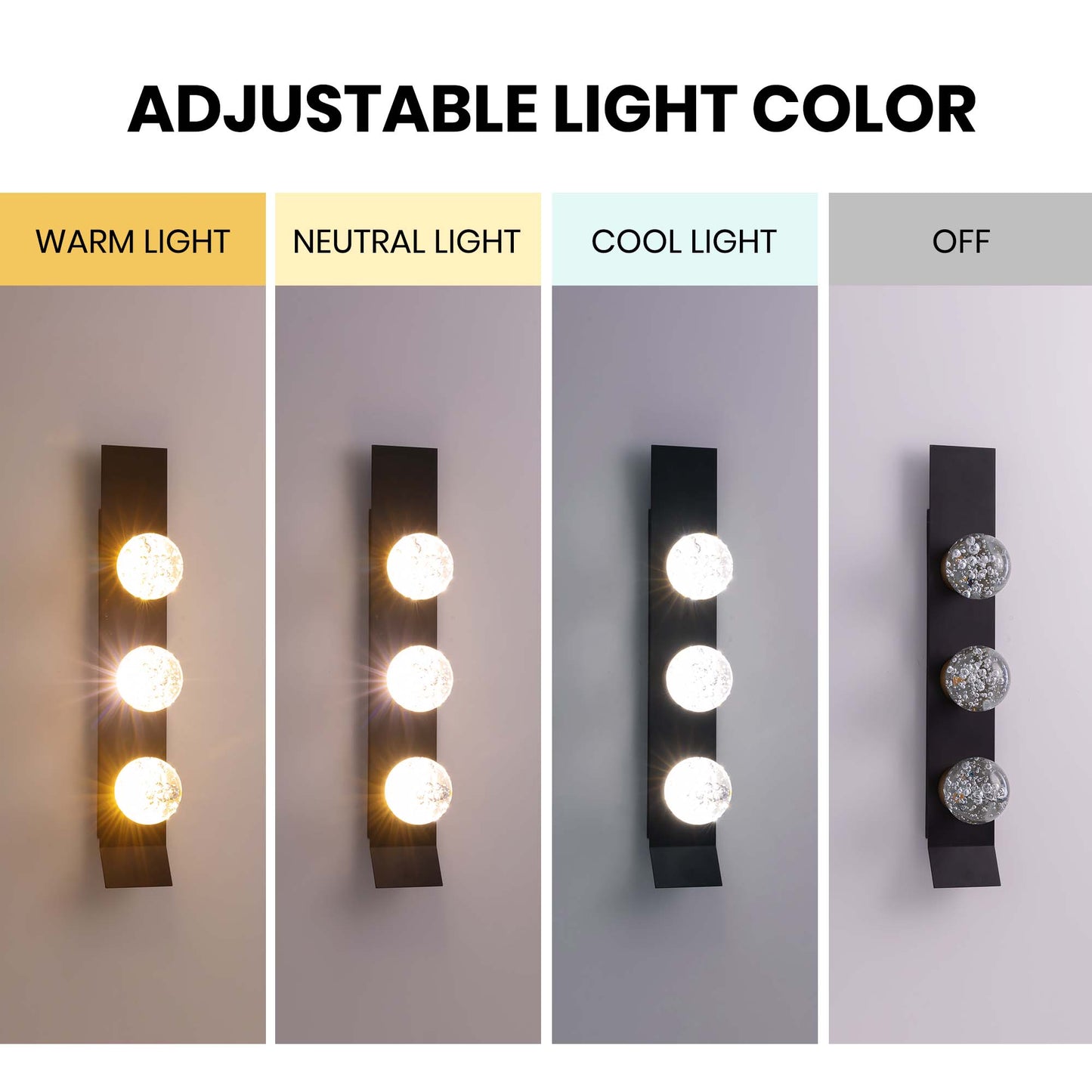 Modern 3-Light Black Unique Dimmable LED Wall Sconce Light with Crystal Bubble Glass Shade