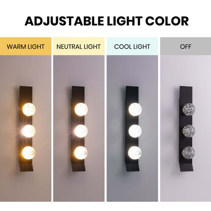 Modern 3-Light Black Unique Dimmable LED Wall Sconce Light with Crystal Bubble Glass Shade