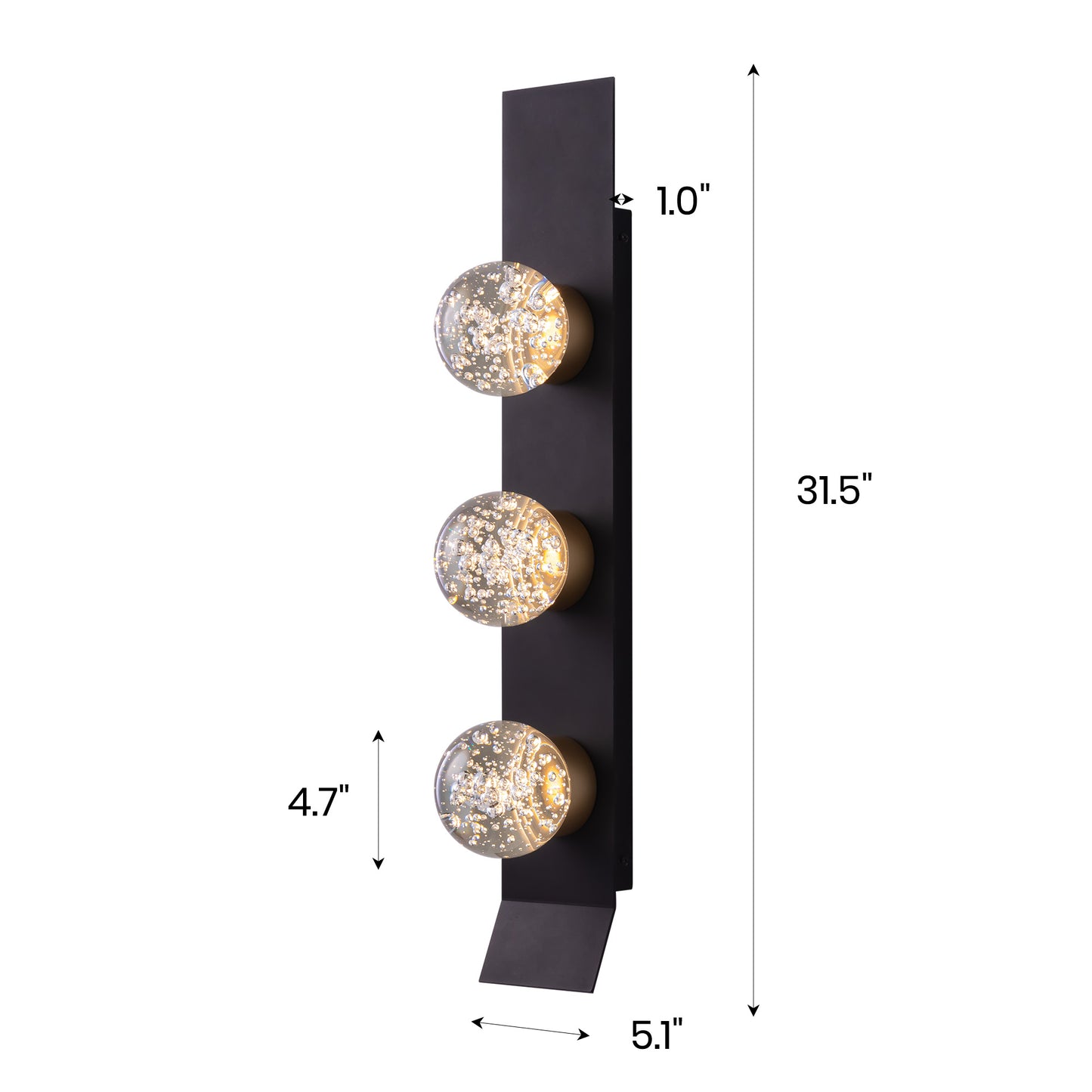 Modern 3-Light Black Unique Dimmable LED Wall Sconce Light with Crystal Bubble Glass Shade