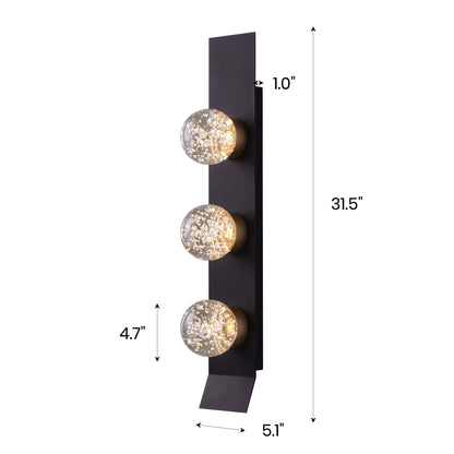 Modern 3-Light Black Unique Dimmable LED Wall Sconce Light with Crystal Bubble Glass Shade