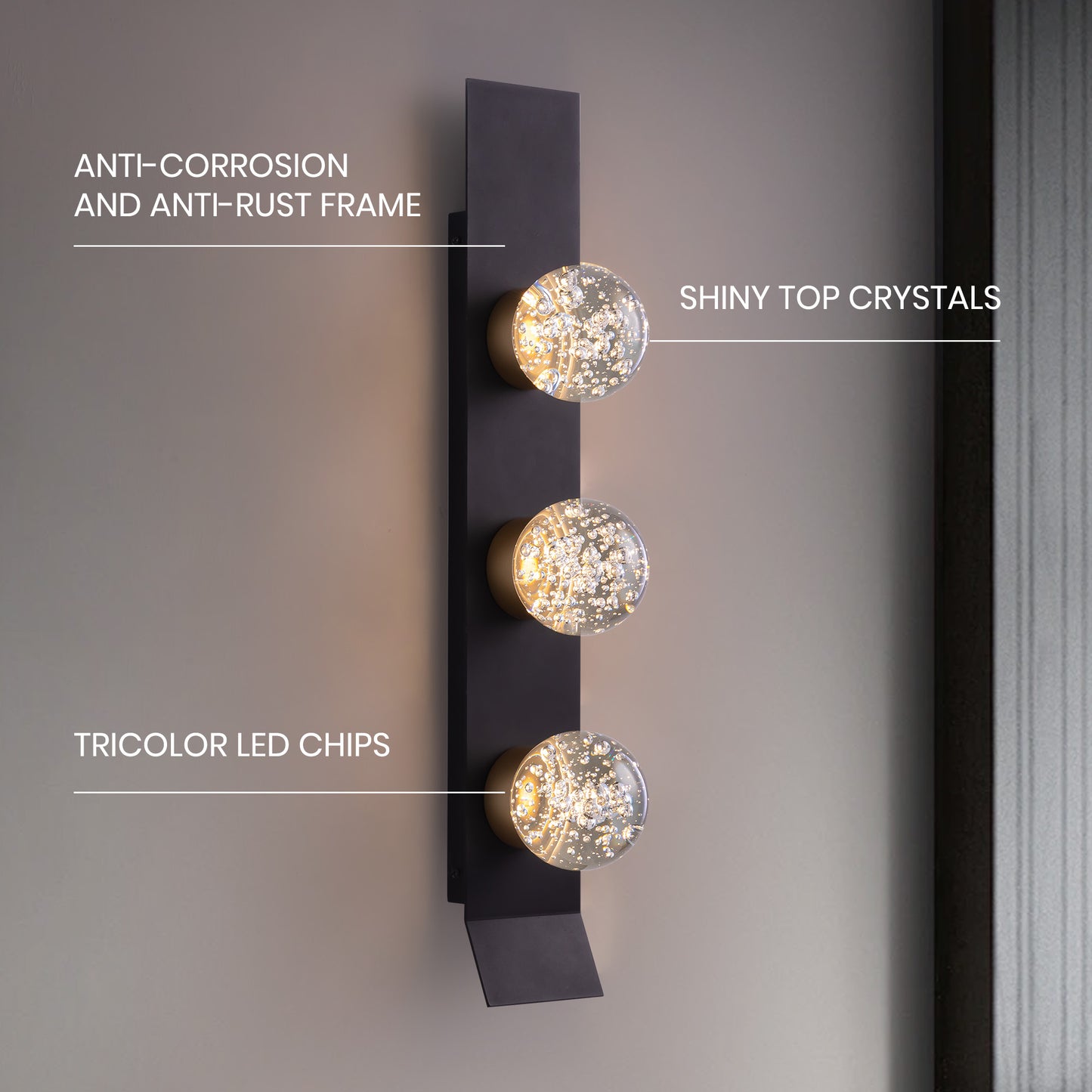 Modern 3-Light Black Unique Dimmable LED Wall Sconce Light with Crystal Bubble Glass Shade