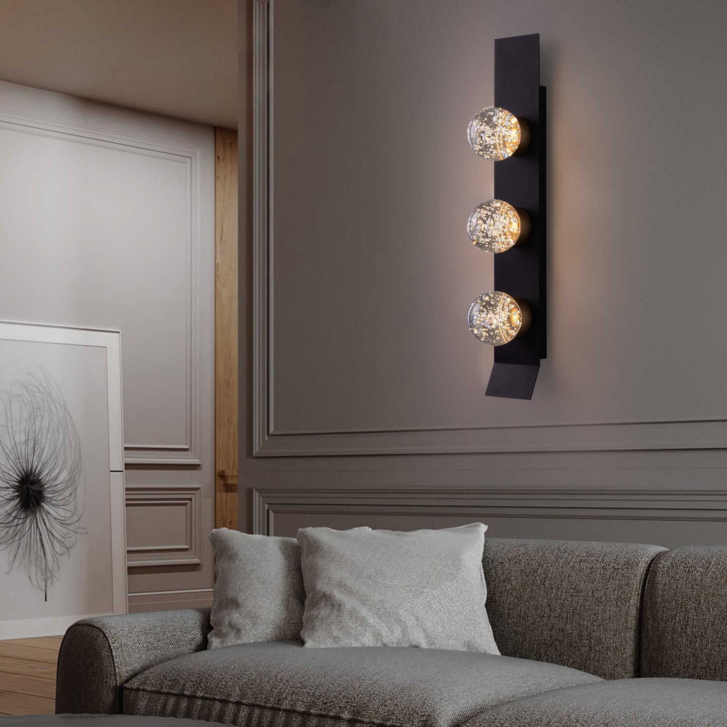Modern 3-Light Black Unique Dimmable LED Wall Sconce Light with Crystal Bubble Glass Shade
