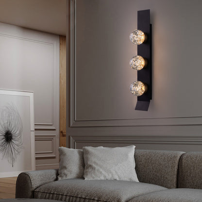 Modern 3-Light Black Unique Dimmable LED Wall Sconce Light with Crystal Bubble Glass Shade