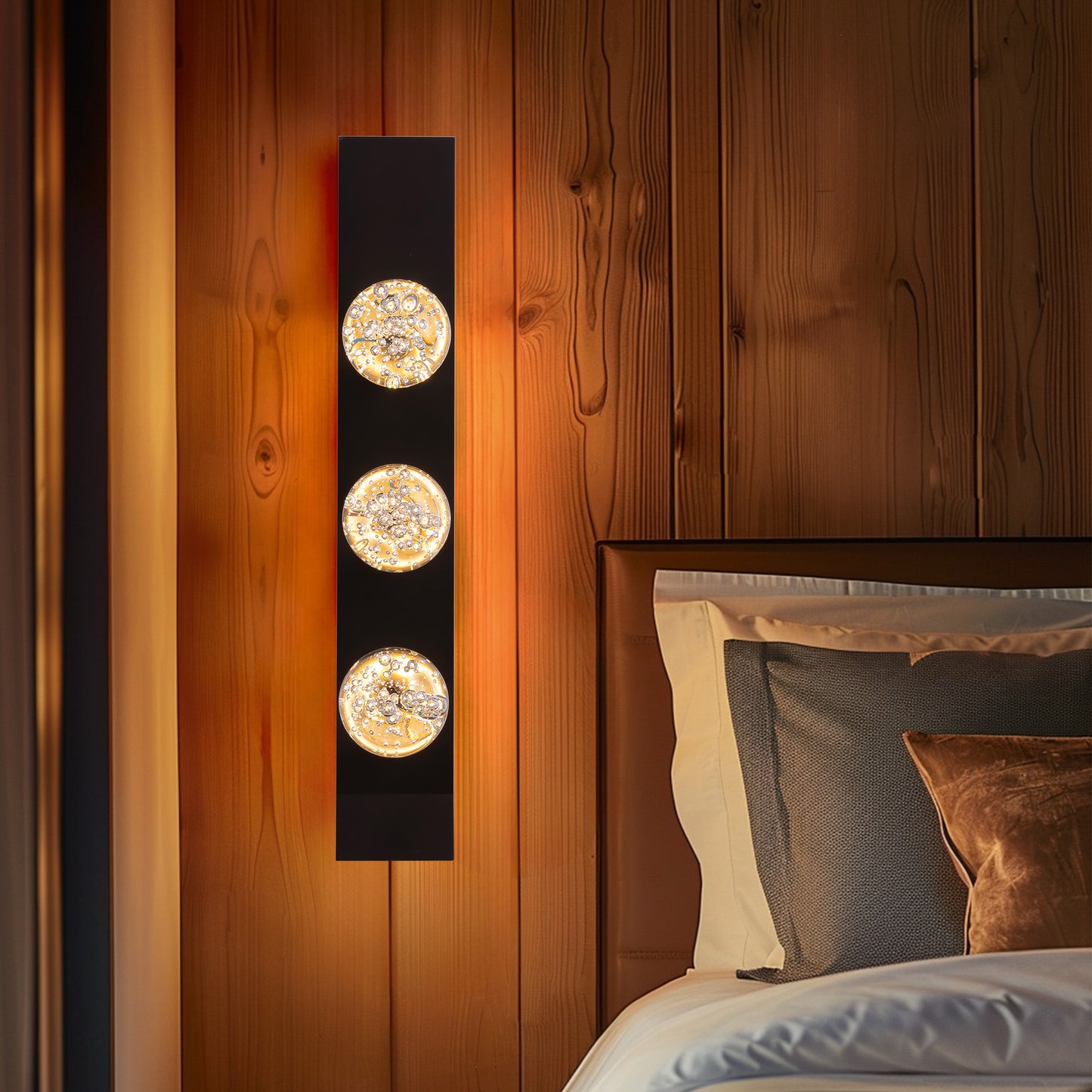 Modern 3-Light Black Unique Dimmable LED Wall Sconce Light with Crystal Bubble Glass Shade