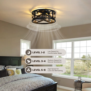 16 in. Indoor Industrial Black Round Caged Low Profile Ceiling Fans with No Bulb Included with Remote Included