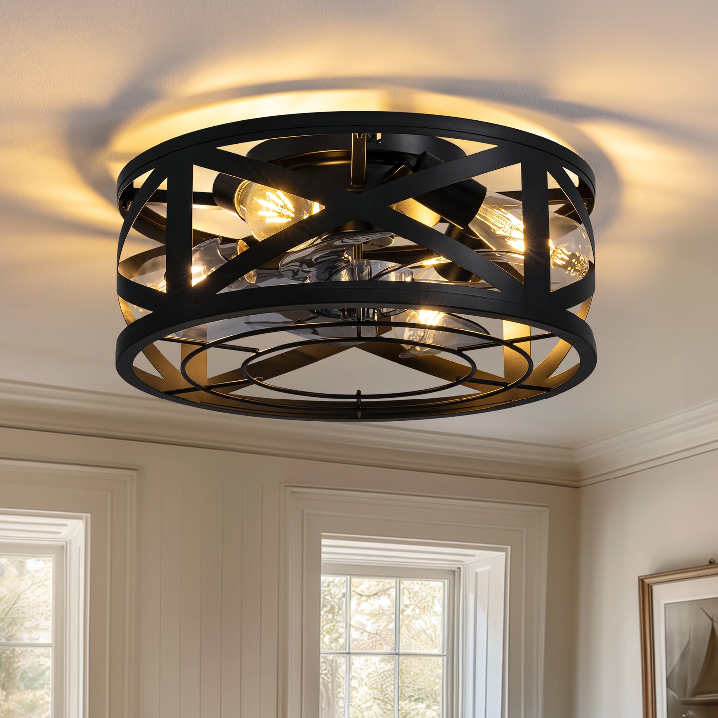 16 in. Indoor Industrial Black Round Caged Low Profile Ceiling Fans with No Bulb Included with Remote Included