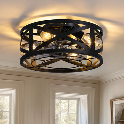 16 in. Indoor Industrial Black Round Caged Low Profile Ceiling Fans with No Bulb Included with Remote Included