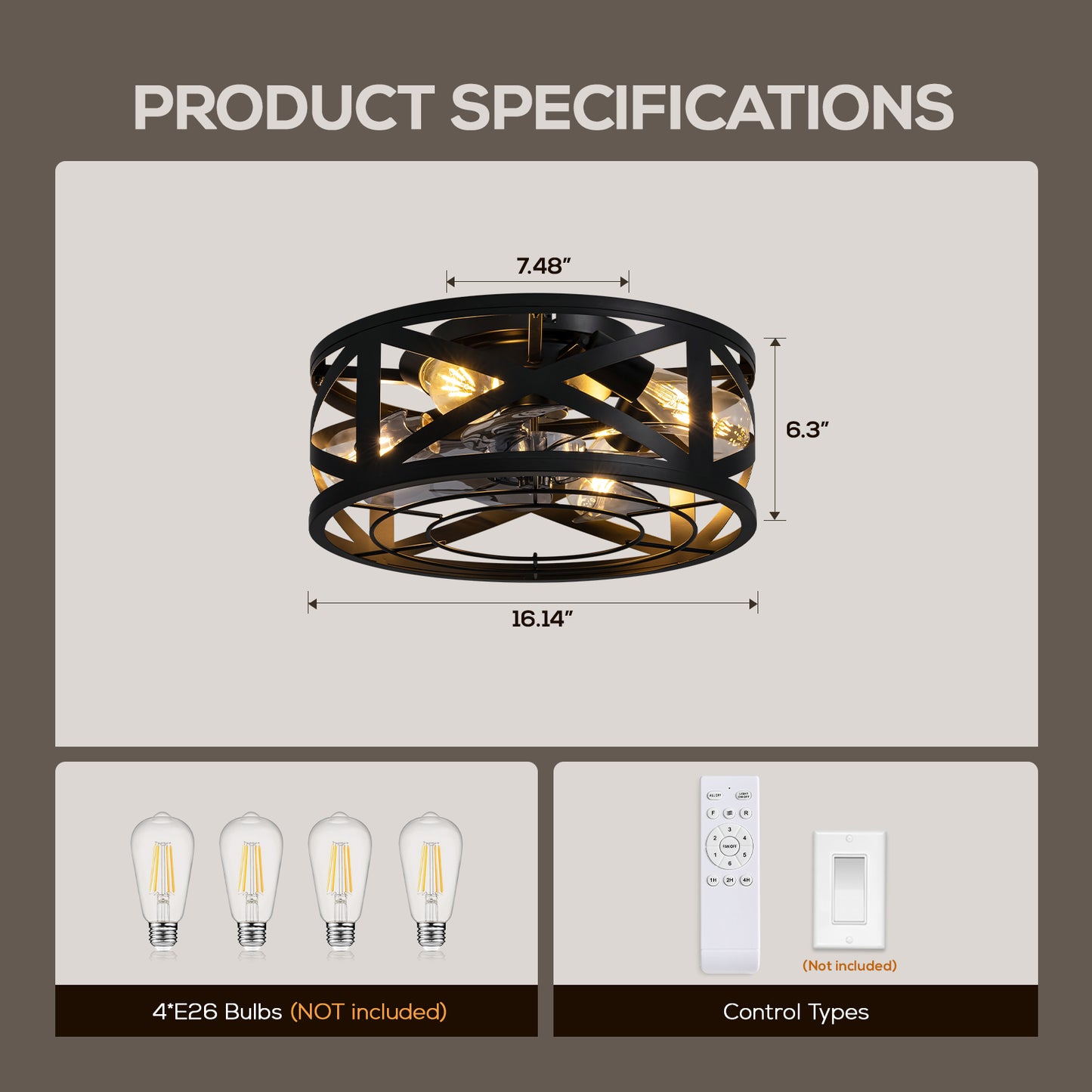16 in. Indoor Industrial Black Round Caged Low Profile Ceiling Fans with No Bulb Included with Remote Included