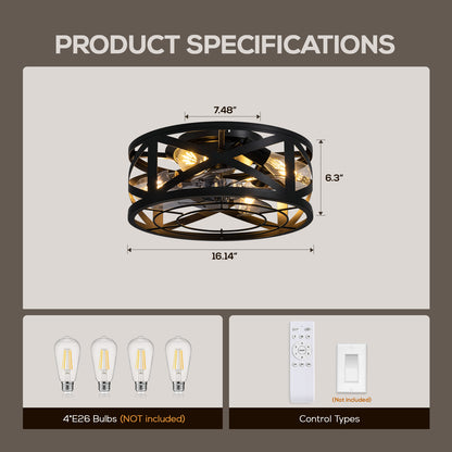 16 in. Indoor Industrial Black Round Caged Low Profile Ceiling Fans with No Bulb Included with Remote Included