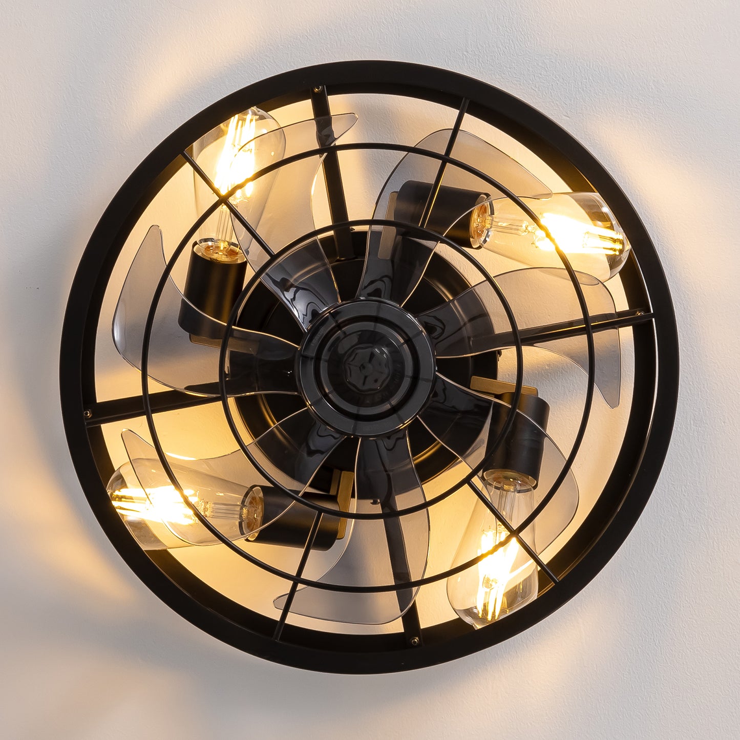 16 in. Indoor Industrial Black Round Caged Low Profile Ceiling Fans with No Bulb Included with Remote Included