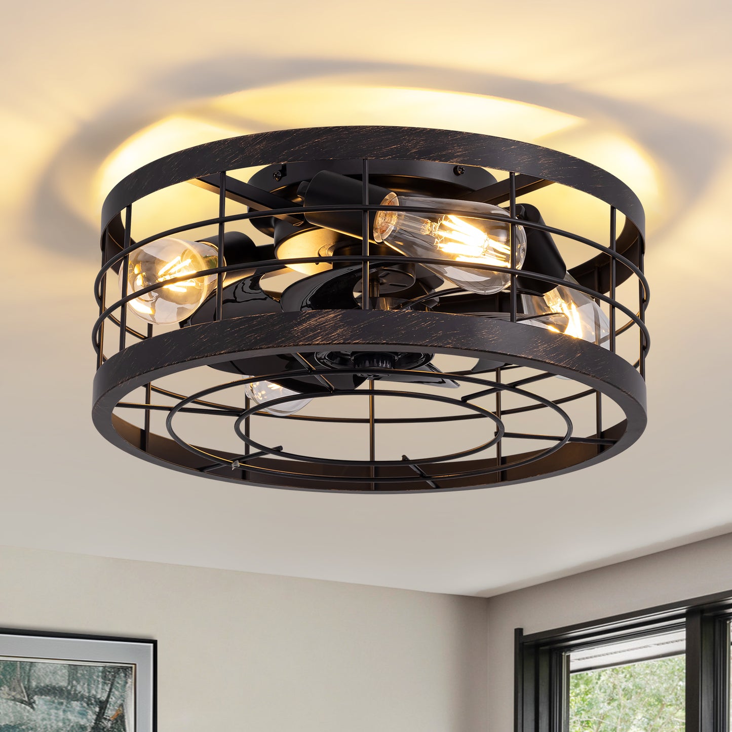 16 in. Indoor Industrial Round Caged Low Profile Ceiling Fans with No Bulb Included with Remote Included
