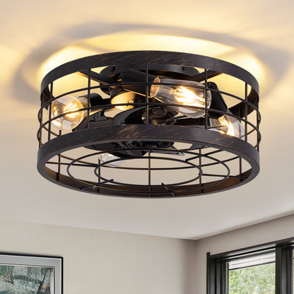 16 in. Indoor Industrial Round Caged Low Profile Ceiling Fans with No Bulb Included with Remote Included