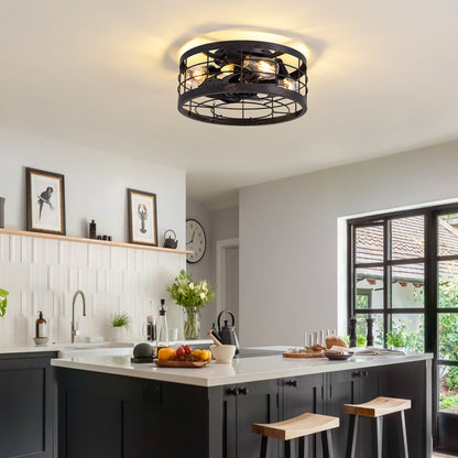 16 in. Indoor Industrial Round Caged Low Profile Ceiling Fans with No Bulb Included with Remote Included