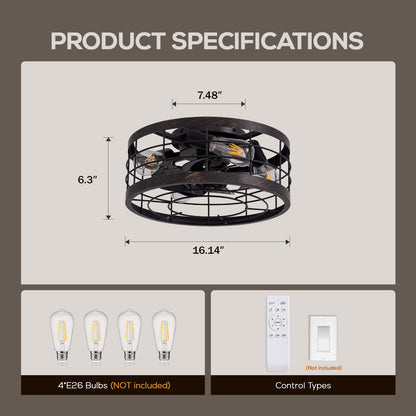 16 in. Indoor Industrial Round Caged Low Profile Ceiling Fans with No Bulb Included with Remote Included