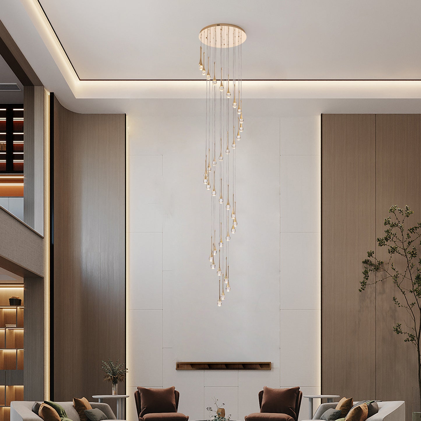 36 light Modern Gold integrated LED Crystal Chandelier for Entryway Foyer, Large Ceiling Fixture for High Ceilings