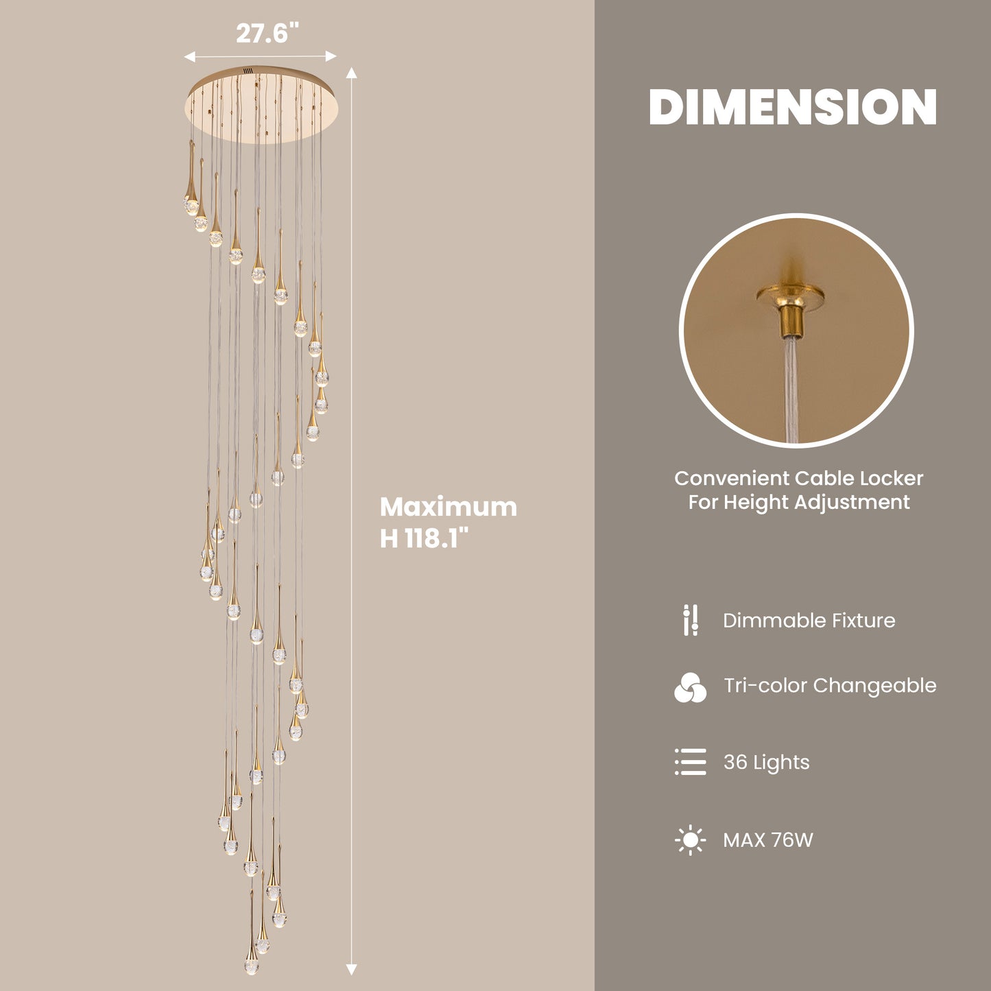 36 light Modern Gold integrated LED Crystal Chandelier for Entryway Foyer, Large Ceiling Fixture for High Ceilings