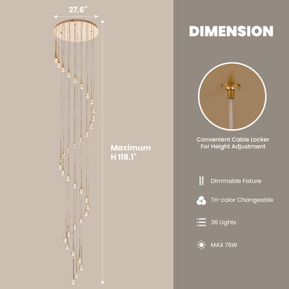 36 light Modern Gold integrated LED Crystal Chandelier for Entryway Foyer, Large Ceiling Fixture for High Ceilings
