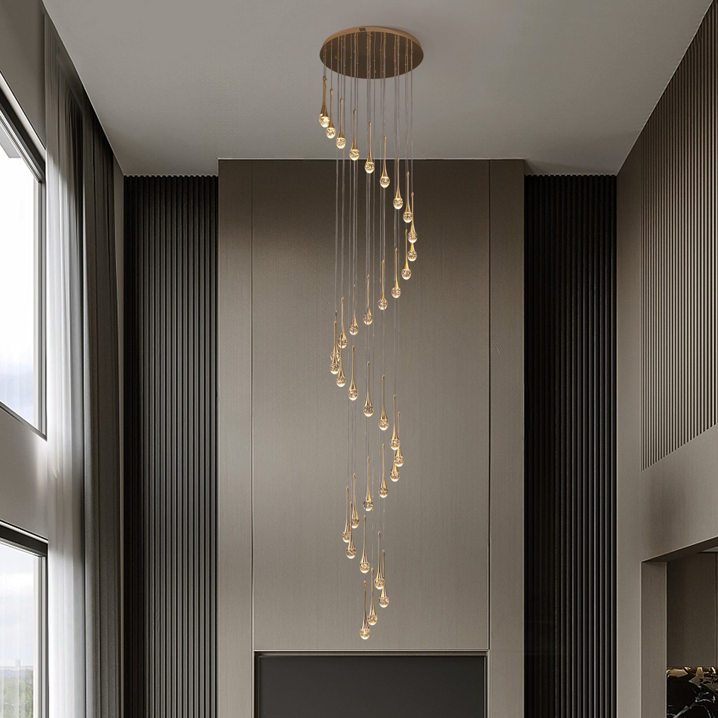 36 light Modern Gold integrated LED Crystal Chandelier for Entryway Foyer, Large Ceiling Fixture for High Ceilings