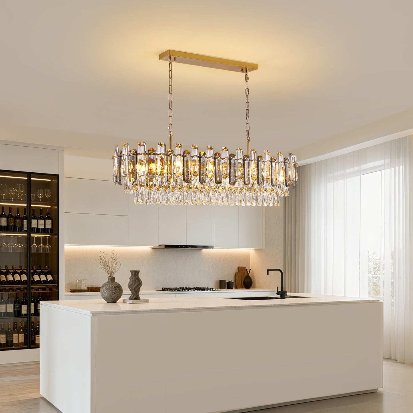 40 in. Modern Dimmable 15-Light Oval Gold Crystal Chandelier for Dining Room, Living Room, Bedroom, Hallway
