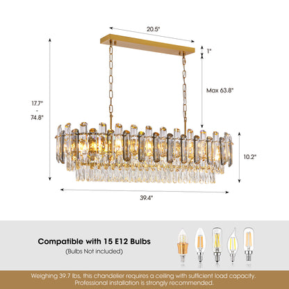 40 in. Modern Dimmable 15-Light Oval Gold Crystal Chandelier for Dining Room, Living Room, Bedroom, Hallway