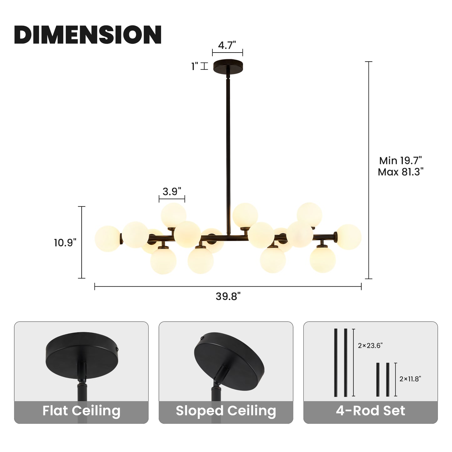 16-Light Mid Century Glass Chandelier 39in Modern Black Linear Pendant Fixture No Bulb