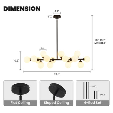 16-Light Mid Century Glass Chandelier 39in Modern Black Linear Pendant Fixture No Bulb