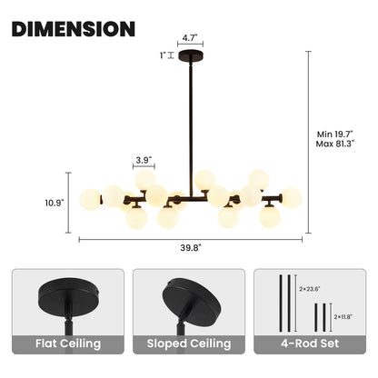 16-Light Mid Century Glass Chandelier 39in Modern Black Linear Pendant Fixture No Bulb