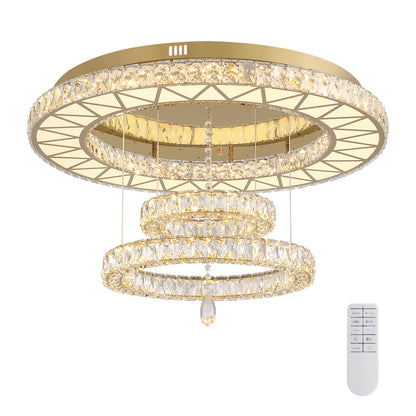 31.5 in. Luxury Gold 3-Tier Crystal Dimmable Integrated LED Chandelier with Remote Control for Living Room, Dining Room