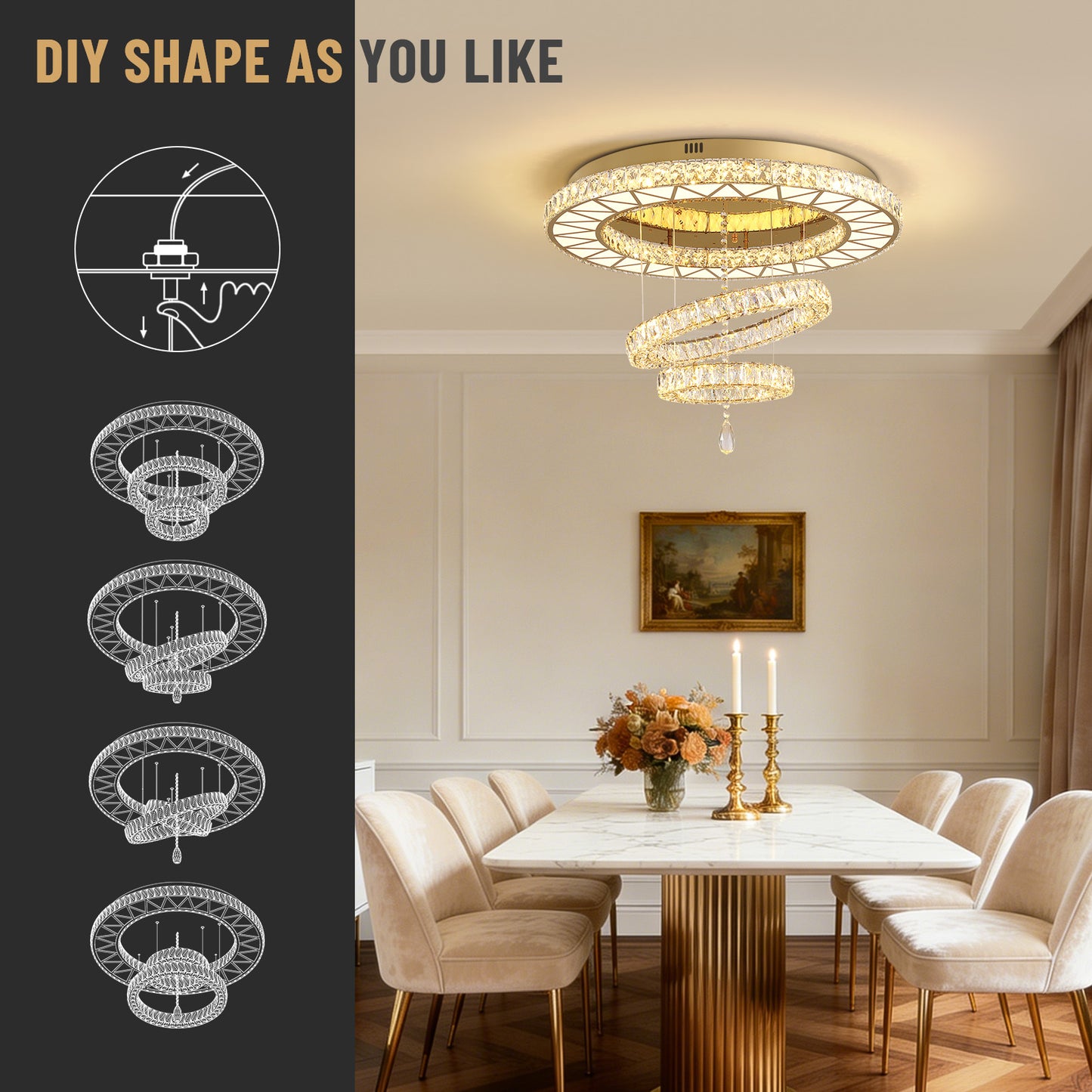 31.5 in. Luxury Gold 3-Tier Crystal Dimmable Integrated LED Chandelier with Remote Control for Living Room, Dining Room
