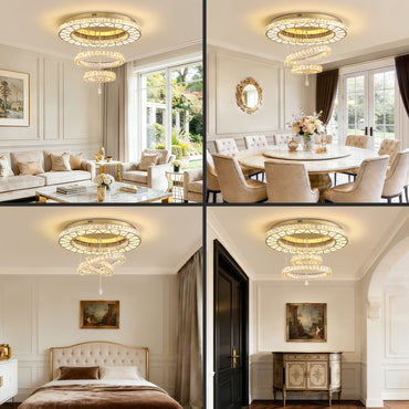 31.5 in. Luxury Gold 3-Tier Crystal Dimmable Integrated LED Chandelier with Remote Control for Living Room, Dining Room