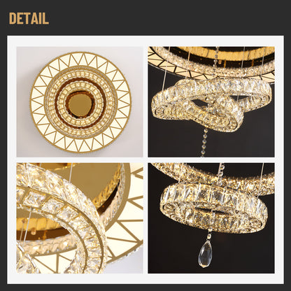 31.5 in. Luxury Gold 3-Tier Crystal Dimmable Integrated LED Chandelier with Remote Control for Living Room, Dining Room
