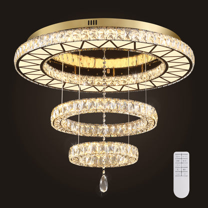 31.5 in. Luxury Gold 3-Tier Crystal Dimmable Integrated LED Chandelier with Remote Control for Living Room, Dining Room