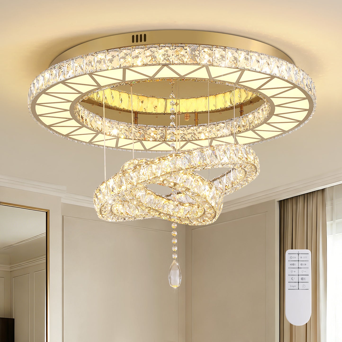 31.5 in. Luxury Gold 3-Tier Crystal Dimmable Integrated LED Chandelier with Remote Control for Living Room, Dining Room