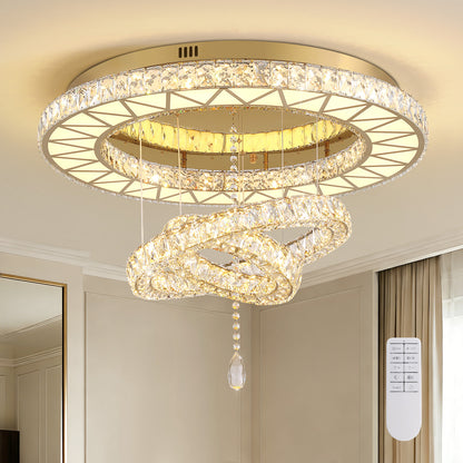 31.5 in. Luxury Gold 3-Tier Crystal Dimmable Integrated LED Chandelier with Remote Control for Living Room, Dining Room