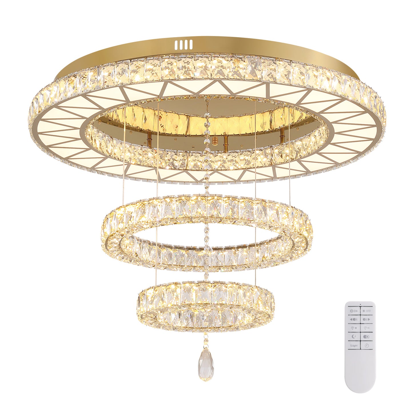 31.5 in. Luxury Gold 3-Tier Crystal Dimmable Integrated LED Chandelier with Remote Control for Living Room, Dining Room