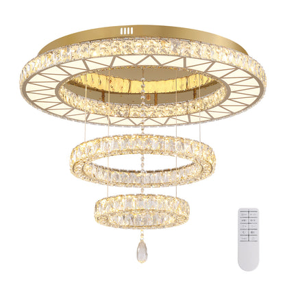 31.5 in. Luxury Gold 3-Tier Crystal Dimmable Integrated LED Chandelier with Remote Control for Living Room, Dining Room